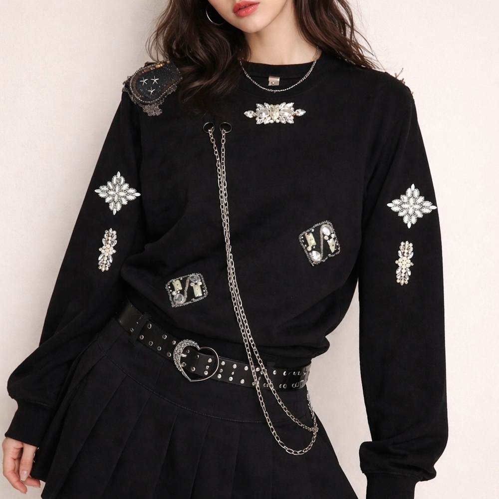 Bobby Carr Black Embellished Crewneck Sweatshirt Size S Crystals Whimsigoth
